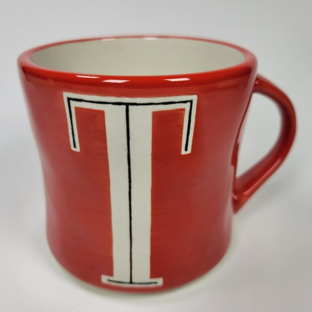 Anthropologie Handpainted Monogram "T" Initial Coffee Mug Cup RED
